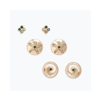 Yellow Sea Life 3-Pair Stud Earrings with Green Crystals