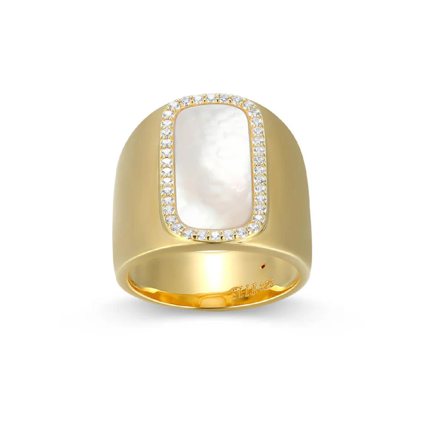 Allure Wide Band Fashion Ring with Mother of Pearl and CZ in Yellow Gold Plating, Size 8