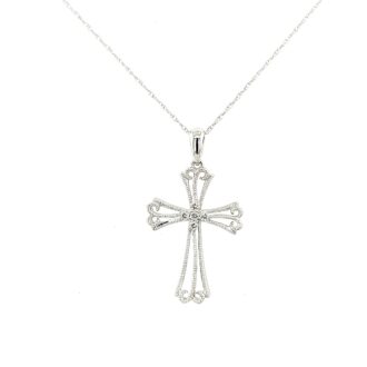 Milgrain Cross Pendant with .05ctw Round Diamonds in 14k White Gold