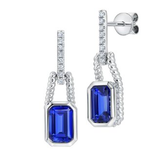 Lab Grown Blue Sapphire Drop Earrings with .37ctw Round Diamonds in 14k White Gold