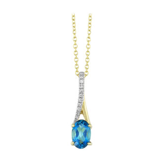 Oval Blue Topaz Drop Pendant with .04ctw Diamonds in 10k Yellow Gold