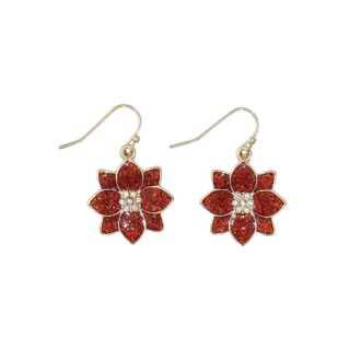 Red Glitter Enamel Poinsettia Dangle Earrings