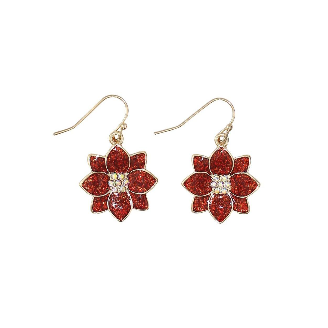 Red Glitter Enamel Poinsettia Dangle Earrings
