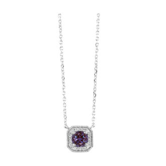 Halo Drop Necklace with .06ctw Round Diamonds and Synthetic Alexandrite in 10k White Gold 18"