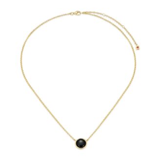 Chic Yellow Gold Plated "Lustre" Round Black Agate Drop Pendant Necklace, 17" + 3" Chain.