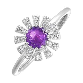 Flower Fashion Ring with .05ctw Round Diamonds and Amethyst in 10k White Gold
