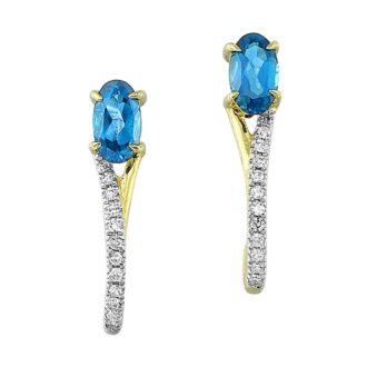Oval Blue Topaz & Diamond Drop Earrings in 10k Yellow Gold