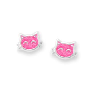 Pink Enamel Kitty Face Stud Earrings in Sterling Silver