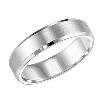 Sleek 10K white gold gents wedding band with 6mm brushed center and beveled edges.