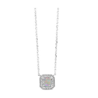 Opal Halo Drop Necklace with .06ctw Round Diamonds in 10k White Gold 18"