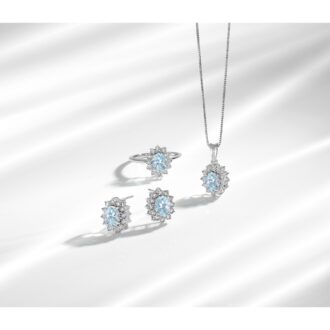 Halo Aquamarine Drop Necklace with .05ctw Round Diamonds in Sterling Silver