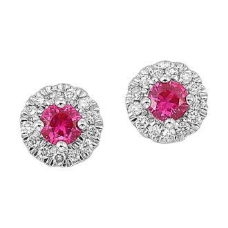 10KW Halo Stud Earrings with 1/10ctw Round Diamonds & Rubies