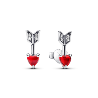 Sterling Silver Red Murano Glass Heart Arrow Stud Earrings