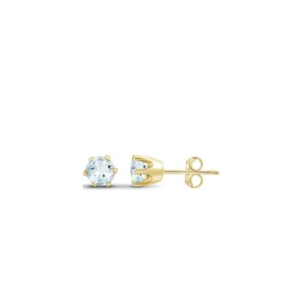 14K Yellow Gold 4MM Round Aqua Blue Stone Stud Earrings