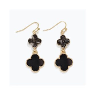 Yellow and Black Enamel Double Clover Dangle Earrings