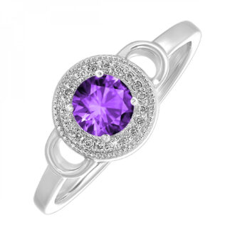 Halo Fashion Ring with .05ctw Round Diamonds and Amethyst in Sterling Silver
