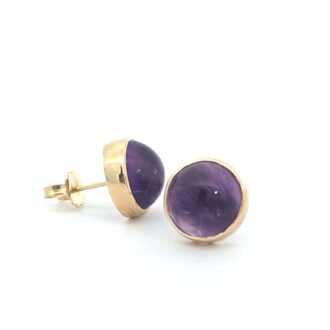 14K Yellow Gold 9mm Amethyst Cabochon Stud Earrings