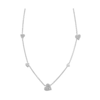 Pavé Cubic Zirconia Heart Station Necklace in Sterling Silver