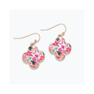 Gold Flower Inlay Clover Dangle Earrings