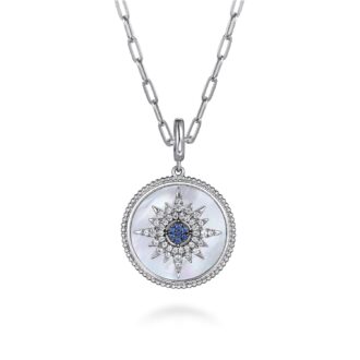 Starburst Medallion Necklace with Blue/White Sapphires in Sterling Silver