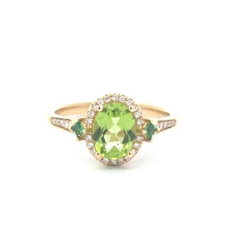 14K Yellow Gold Oval Peridot, Tsavorite & Diamond Ring