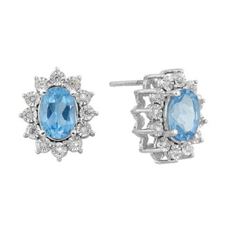 Blue Topaz Halo Stud Earrings with .10ctw Oval Diamonds in Sterling Silver