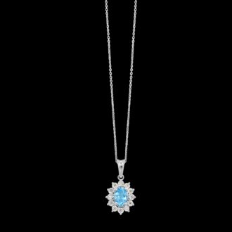 Oval Blue Topaz Halo Drop Pendant with 1/20ctw Round Diamonds in Stainless Steel