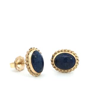 14K Yellow Gold Rope Edge Lapis Cabochon Oval Stud Earrings