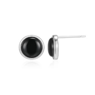 Lustre Collection Genuine Black Agate Round Silver Stud Earrings