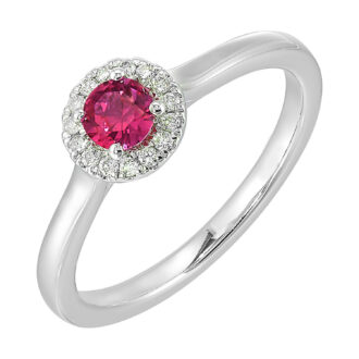 Halo Ring with 1/12ctw Round Diamonds and Pink Sapphire in 10k White Gold