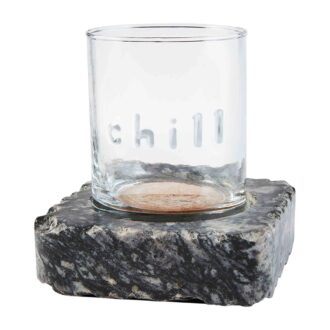 Enjoy stylish entertaining with this granite coaster, designed for freezing and enhanced with an old-fashioned "Chill" glass. Perfectly paired, the set includes an 8oz glass and a 4x4 stone coaster to keep your drinks cool while adding a touch of elegance to your home bar or dining