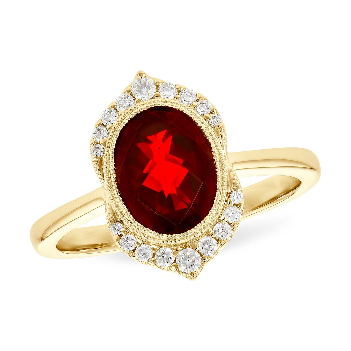 Vintage Fashion Ring with .14ctw Round Diamonds and Oval Garnet in 14k Yellow Gold