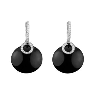 14K White Gold 16mm Black Onyx & .16ctw Diamond Huggie Drops