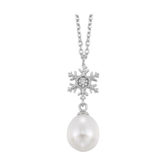 Snowflake Pendant Necklace with Pearl Drop in Sterling Silver