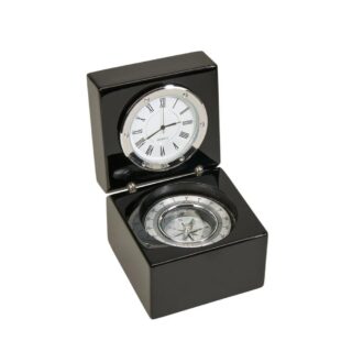 Black Wood Desk Box with Clock & Compass