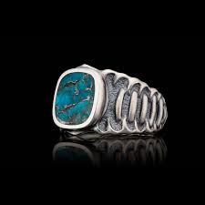 William Henry Turquoise Signet Ring with Oxidized Satin Finish in Sterling Silver, Size 10