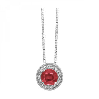 Ruby Halo Drop Necklace with .05ctw Round Diamonds in Sterling Silver