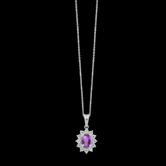 Oval Amethyst and Diamond Halo Drop Necklace in Sterling Silver