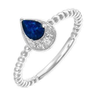 Elegant Beaded Fashion Ring with Pear-Shaped Sapphire in 14k White Gold