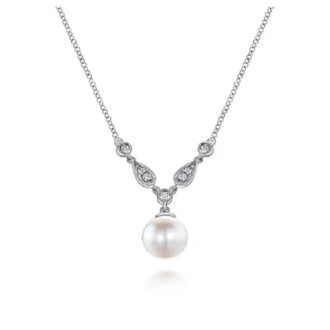Gabriel Cultured Pearl Necklace with Diamond Accent in 14k White Gold