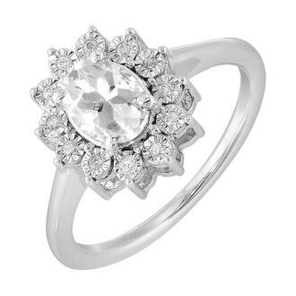 Oval White Topaz Halo Ring, 1/20ctw Diamonds Sterling Silver