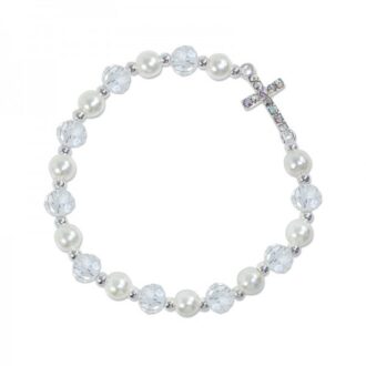 White and Silver Bead Cross Stretch Bracelet with Crystals
