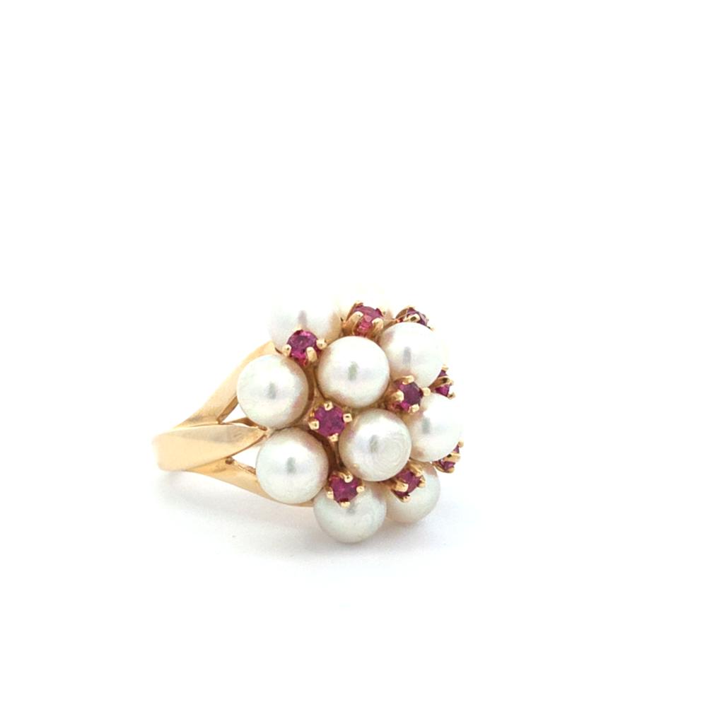 Pre-Owned 14K Yellow Gold Cultured Pearl & Ruby Ring