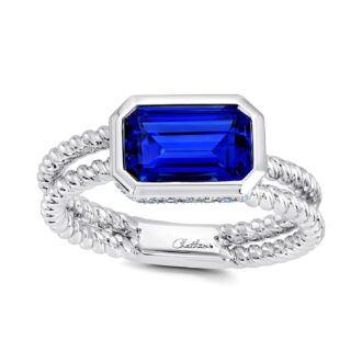 Double Band Hidden Halo Fashion Ring with .17ctw Lab Grown Diamonds and 9x6 Octagon Lab Grown Sapphire in 14k White Gold