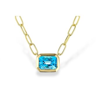 Swiss Blue Topaz Pendant Necklace on 18" Paperclip Chain in 14k Gold