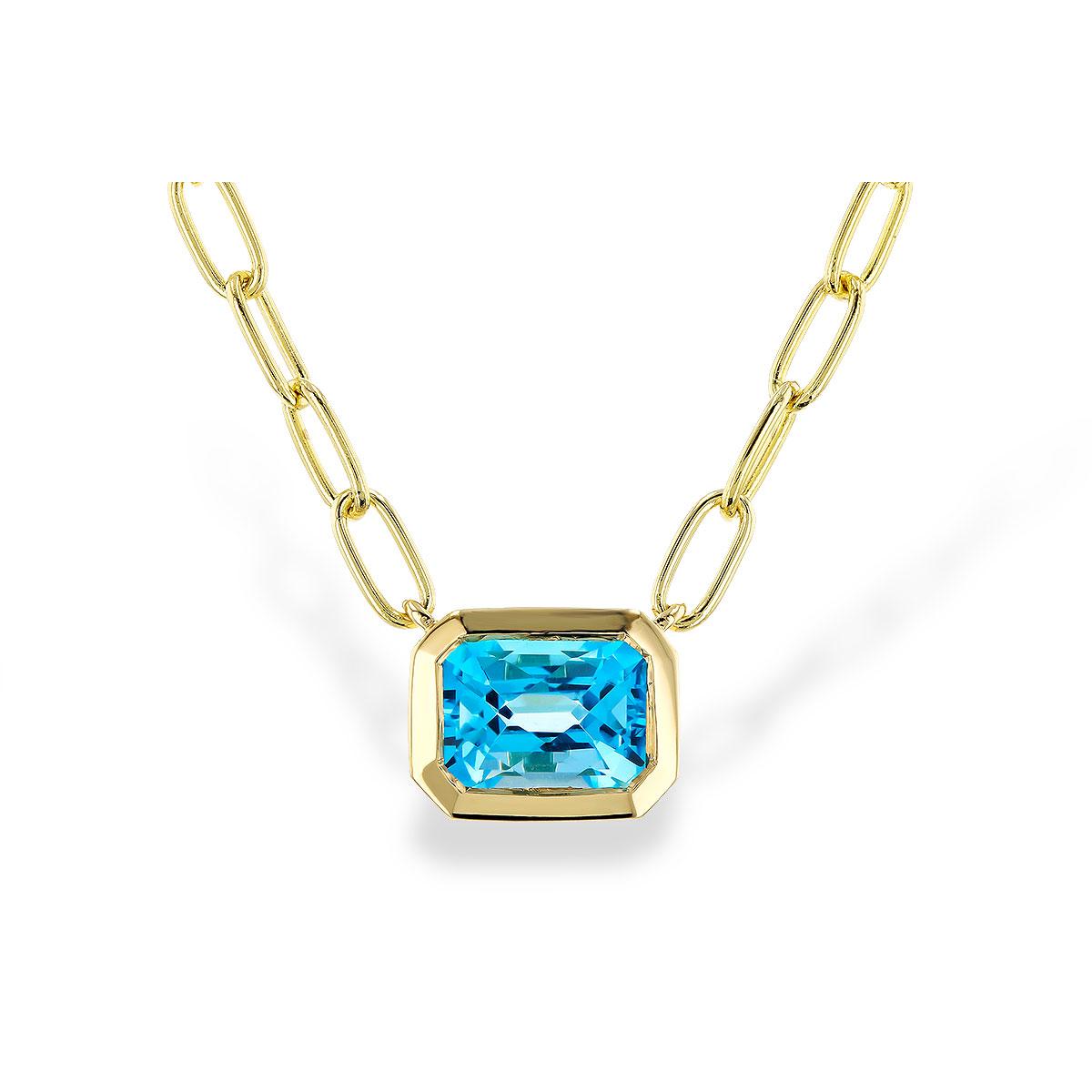 Swiss Blue Topaz Pendant Necklace on 18" Paperclip Chain in 14k Gold