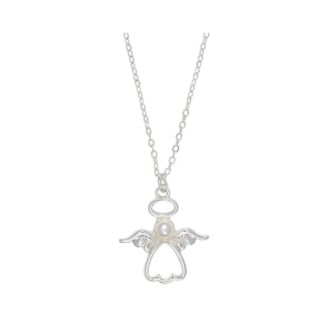 Sterling Silver Open Angel Pendant Necklace with Pearl