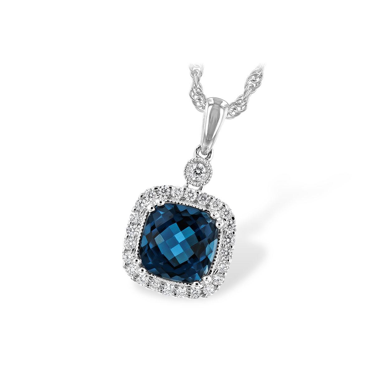 Halo Drop Pendant with London Blue Topaz and .23ctw Round Diamonds in 14k White Gold