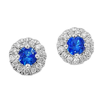 Halo Stud Earrings with Blue Sapphire and .10ctw Round Diamonds in 10k Gold