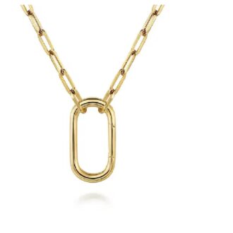 14k Yellow Gold Rectangular Drop Necklace with Paperclip Chain 17"